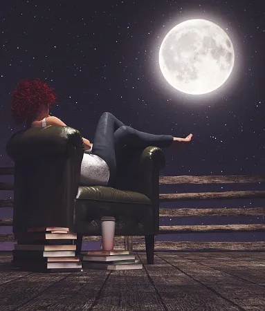 tranquil life woman repose on vintage leather chair at night looking at the moon 3d