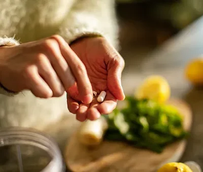 young woman taking a health supplement in the kitchen